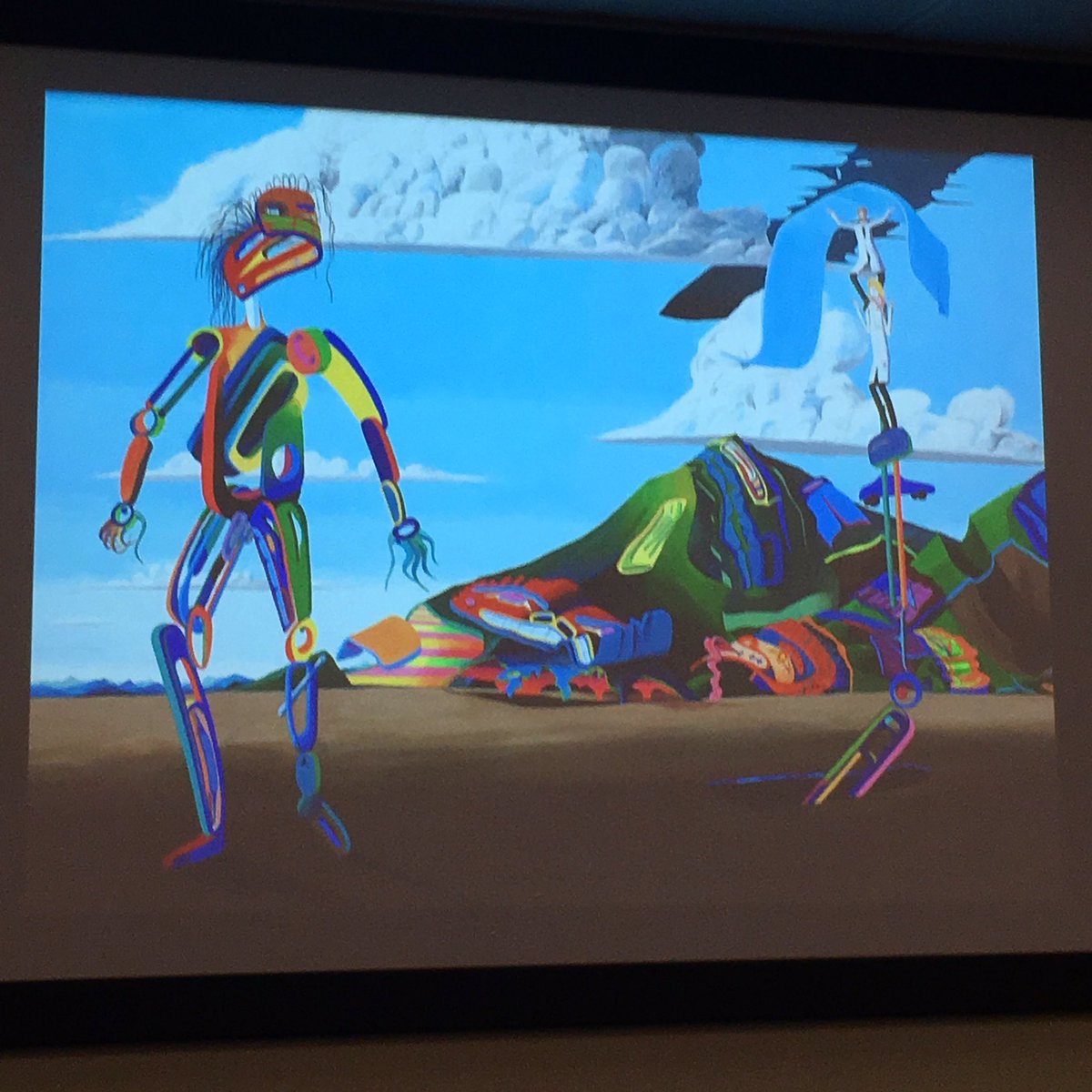 EmmaTollefsen's tweet photo. And the price for the most stunning piece of art included in a TAG presentation goes to David Robinson et al. - for their choice of Paul Yuxweluptun’s “Red Man Watching White Man Trying to Fix Whole in the Sky” #tag102 #NativeAmericanArt @DevaTag2018 #TAG2018 #phdlife https://t.co/phJCBMxaw2
