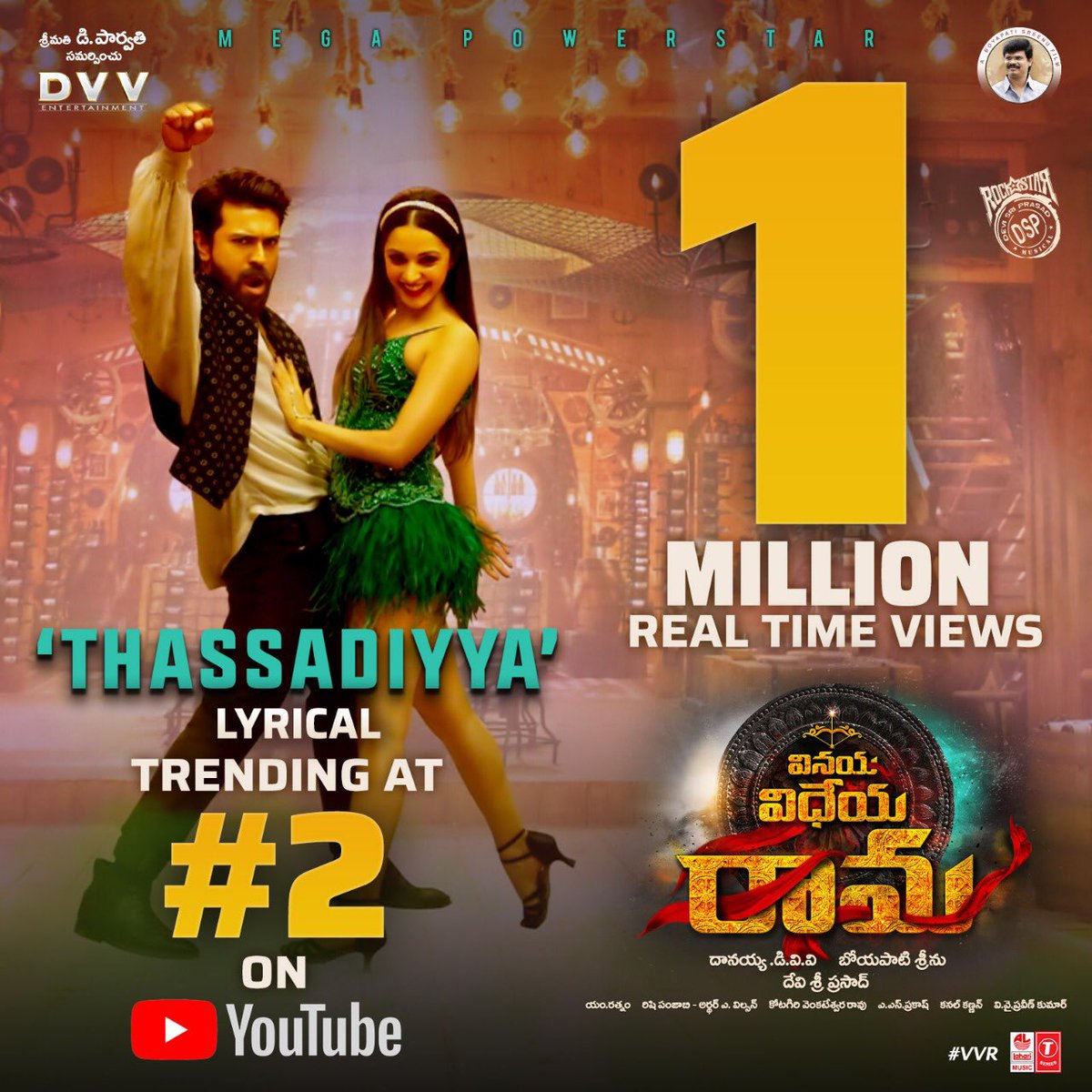 RAMCHARANsRule's tweet photo. With 1Million Views Mega Power Star's #VVRSecondSingle #Thassadiyya Trending At #2 On @YouTubeIndia 🔥🔥
#RamCharan #VinayaVidheyaRama
#ThassadiyyaSingle
Listen to Song Here: https://t.co/EQFoInPhCf https://t.co/hrLCdCplpT
