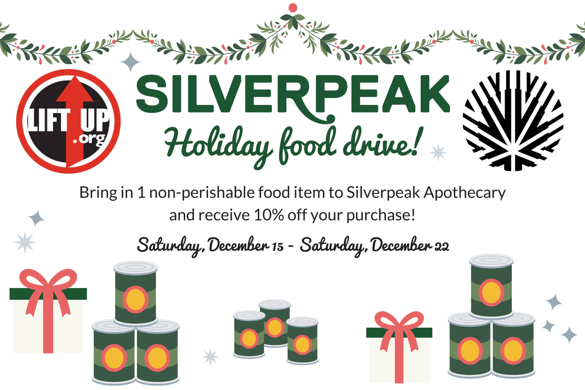 'Tis the season for giving back! Bring 1 (or more!) non-perishable food item to Silverpeak Apothecary before 12/22 and receive 10% off your purchase! All food will be donated to LIFT-UP, a local non-profit serving 7 food pantries from Parachute- #Aspen. Spread the word! #giveback