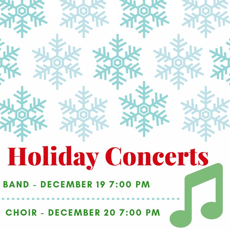 Come support the band and choir this week for their winter concerts! Always a great selection of music and talent.