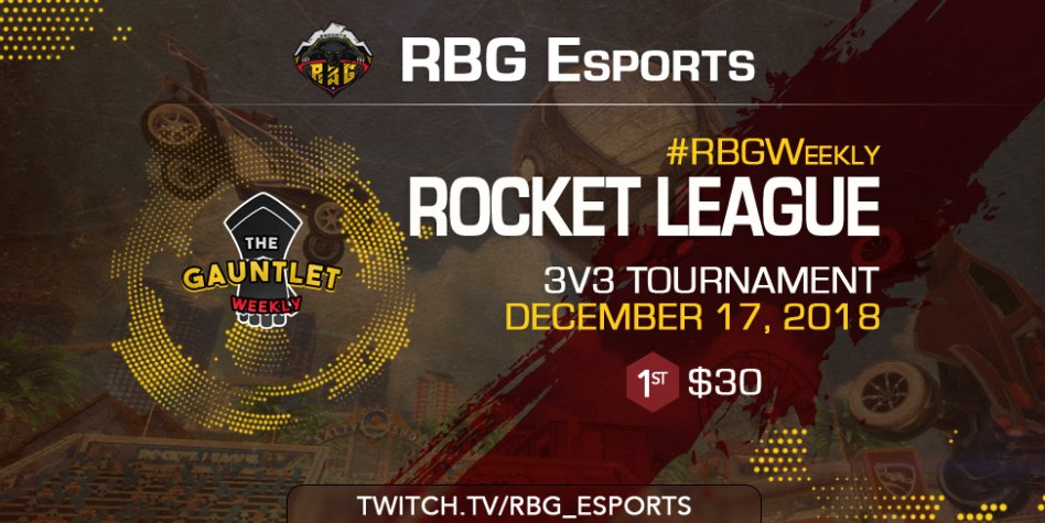 RBG_Esports's tweet photo. TONIGHT! The final #RBGWeekly #RocketLeague Gauntlet of 2018!
$30 3v3 NA PC/PS4
Can your team survive the one shot, single elimination bracket?
Registration closes at 7:30pm EST
https://t.co/K4tsQufnIU
Tune in and watch at 8pm EST
https://t.co/Ot4LLRJpiJ https://t.co/qFbQvPvVyQ