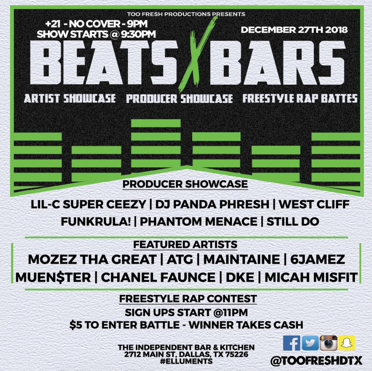 TooFreshDTX's tweet photo. #BeatsXBars Thursday December 27th at @IBKDallas w/ @SuperCeezy @djpandaphresh @WestCliffMusic @YoFunkRula @MozezThaGreat @ATGALLTYMEDAG @_Maintaine @i6jamez @Muenstervision @TroydMt @micahmisfit #DallasHipHop #DFWHipHop #DallasProducers #DFWProducers https://t.co/TTlt6Vv0KA
