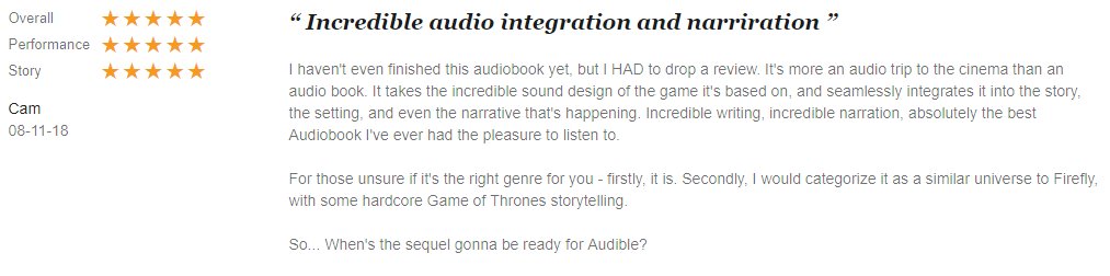 "The best audiobook I've ever listened to." High praise indeed for #elitedangerous #reclamation - produced by <a href="/holdmykidney/">Christopher Jarvis</a> voiced by <a href="/Tobylongworth/">Toby longworth</a> and directed by <a href="/Fantastic_Books/">Fantastic Books Publishing</a> #review #audible