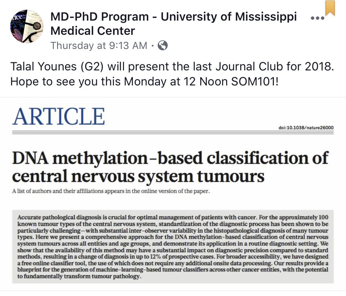 MD/PhD Journal Club today! Looking forward to Talal Younes’s presentation of this article. #doubledocs #MississippiMDPhD