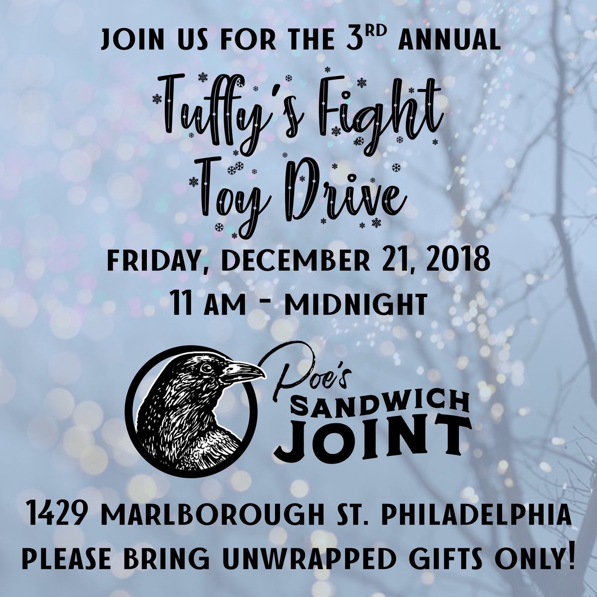 NikkiAllenPoe's tweet photo. Our annual #tuffysfight holiday toy drive will take place all day this Friday at Poes Sandwich Joint. Please stop by with an unwrapped toy! https://t.co/MJb81Fv0yy
