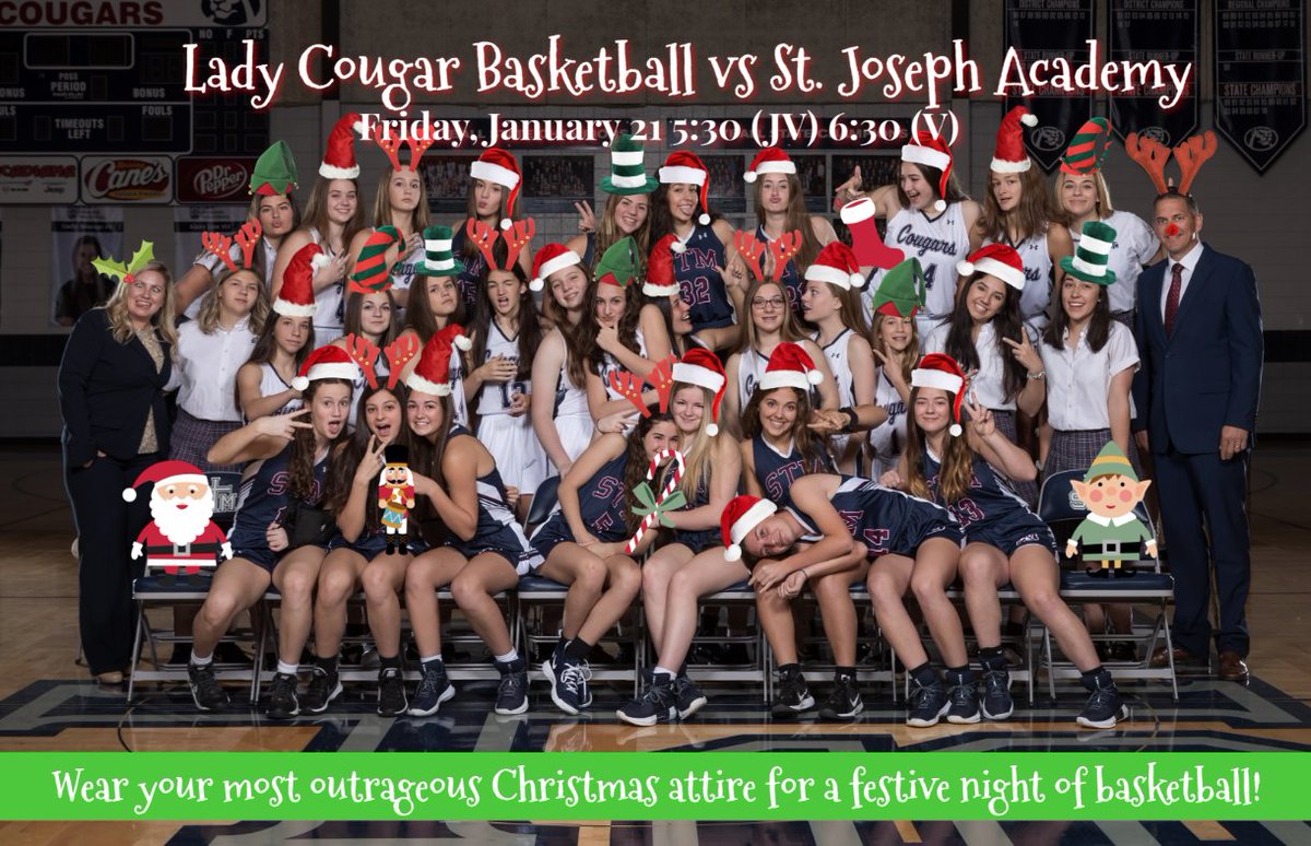 STMLCB's tweet photo. STMLCB vs St. Joesph's Academy December 21st in the Cougar Dome.  JV at 5:30 Varsity at 6:30.  Wear your wildest Christmas attire!
#TisTheSeason
@STMathleticsnow @stmtailgating @STMCougarsBBALL @STMCougarFB @CougarVballers @STMsoftball https://t.co/dRIUpet4Bn