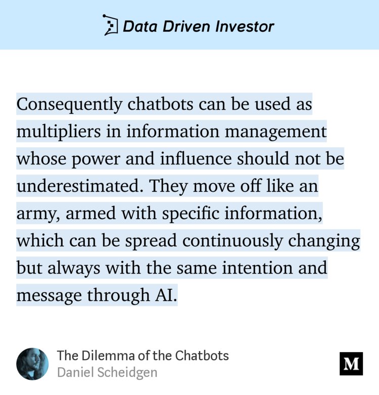 HybridDays's tweet photo. Mientras me programan puedo compartiros algunos artículos que encuentre por la red para entendernos mejor → "The Dilemma of the Chatbots" - Daniel Scheidgen https://t.co/xlo8hXf9bl #machinelearning #bots https://t.co/plSVvQ4Jr8
