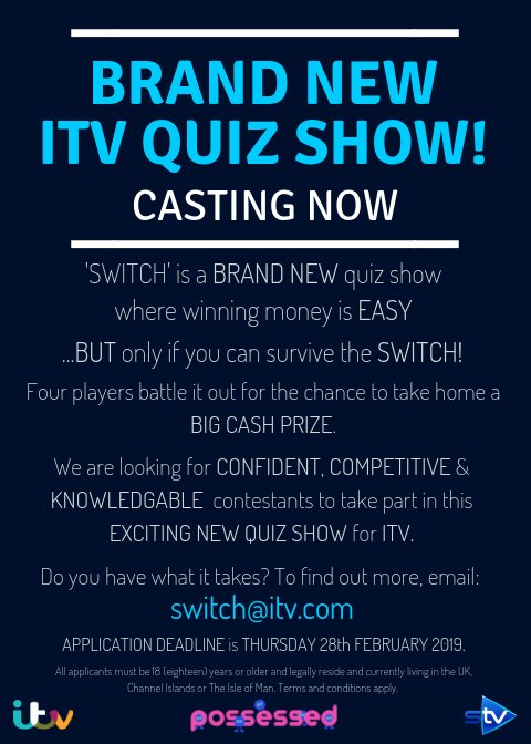 Possessed Casting (@castpossessed) on Twitter photo Applications are now open for our BRAND NEW QUIZ SHOW! Do you have what it takes? To apply, please visit: itvuk.etribez.com/ag/itvpossesse… and to find out more, email us at: switch@itv.com
#HappyMonday Applications are now open for our BRAND NEW QUIZ SHOW! Do you have what it takes? To apply, please visit: itvuk.etribez.com/ag/itvpossesse… and to find out more, email us at: switch@itv.com
#HappyMonday