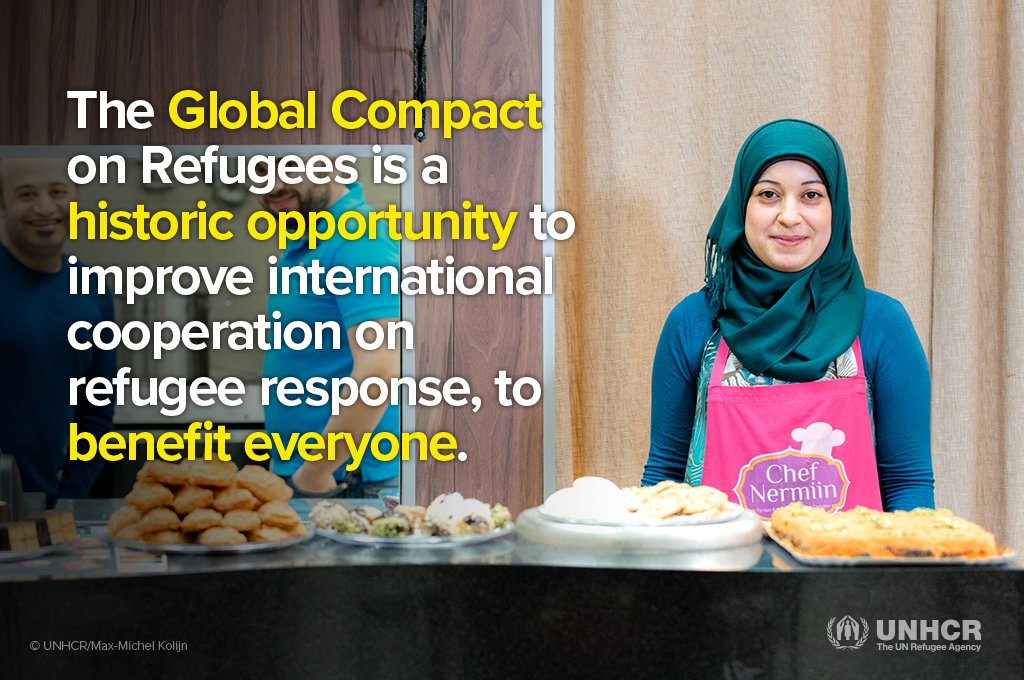UN's tweet image. Monday's endorsement of the Global #RefugeeCompact will mean a stronger, fairer global response for millions of people on the move &amp;amp; the communities that host them. bit.ly/2EnmZB3 #WithRefugees