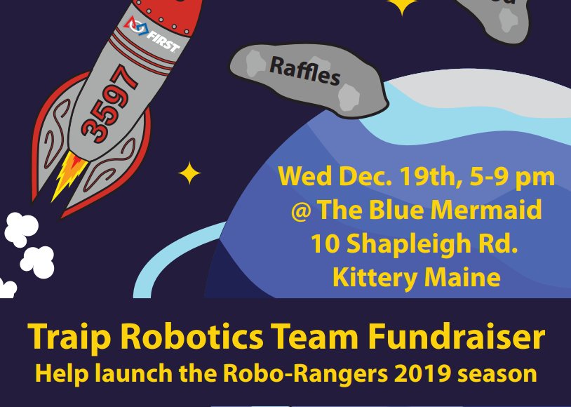 frc3597's tweet photo. Join us this Wednesday 19th at the Blue Mermaid Island Grill in Kittery to support us for the upcoming season! Great food and raffle tickets on sale for chances to win gift baskets donated by local businesses. Meet last year's robot Buford!
.
. https://t.co/DkR4R0zv3d