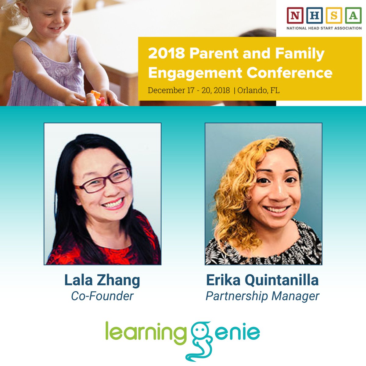 LearningGenie's tweet photo. Whoโs attending the 2018 @NatlHeadStart conference? Genies Lala and Erika are at booth 209 ready to talk about your Family Engagement needs. If you stop by, be sure to snap a photo and post it with the hashtag #learninggenie so we can find you! https://t.co/VXouCuegTp #Parent18 https://t.co/nh0FMyTinb