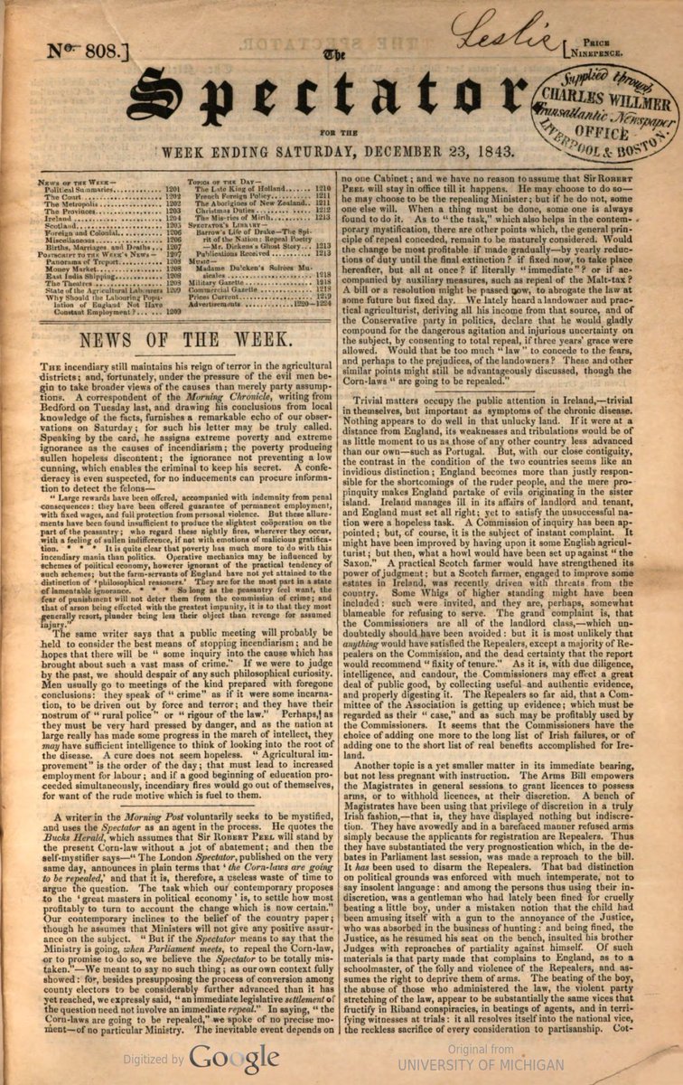 While we're here... In the film, Thackeray reviews A Christmas Carol for The Spectator. In an emotional final scene, John Forster reads out the glowing review from what looks like a large, SEVEN-COLUMN MORNING PAPER. The Spectator was a small, two-column weekly...