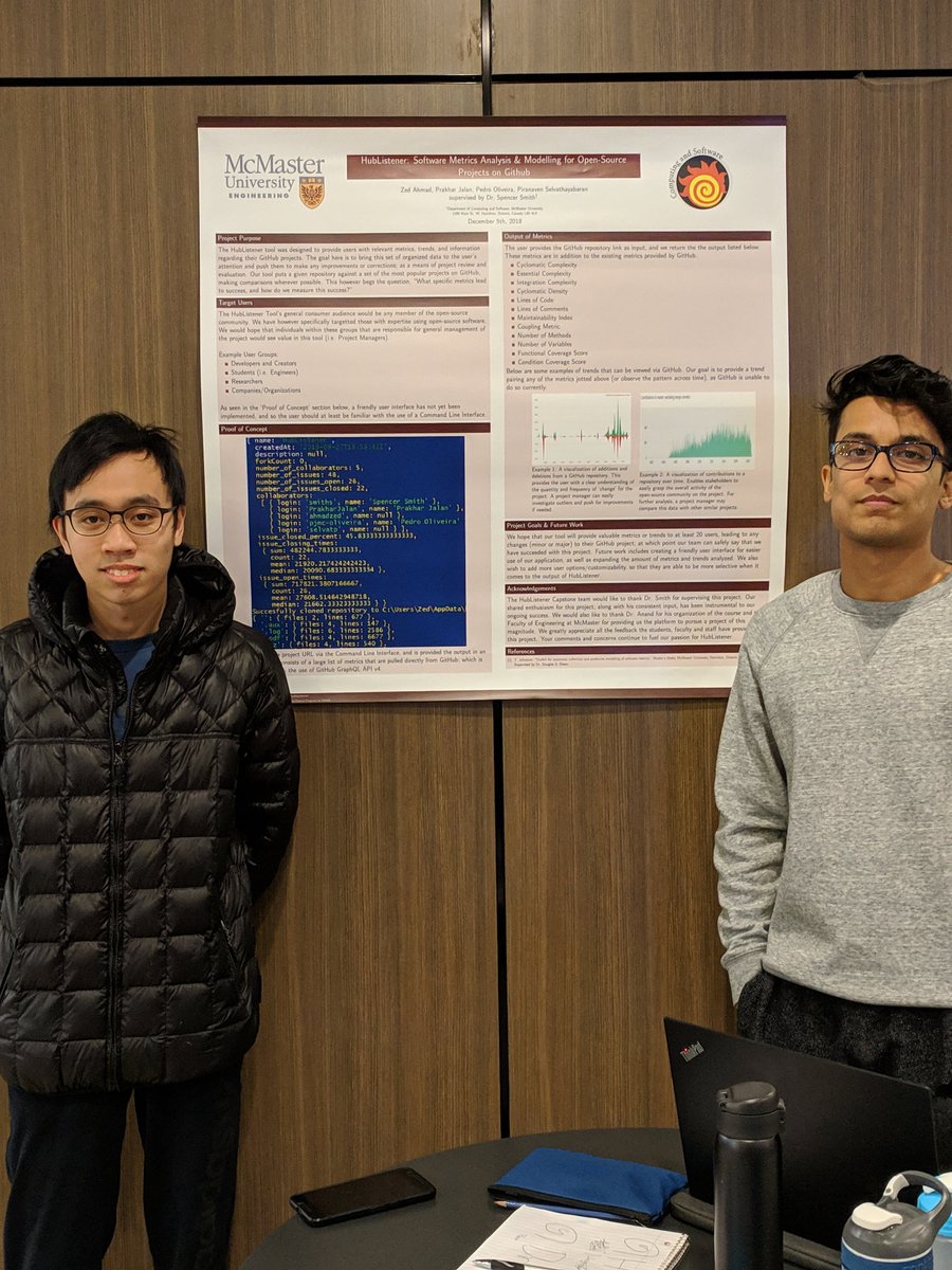 HubListener's tweet photo. @HubListener @DrCKAnand "I really would like to see how different metrics would compare for big and small projects. " - Anson #MacCSCapstone https://t.co/I4AkaUQTCL