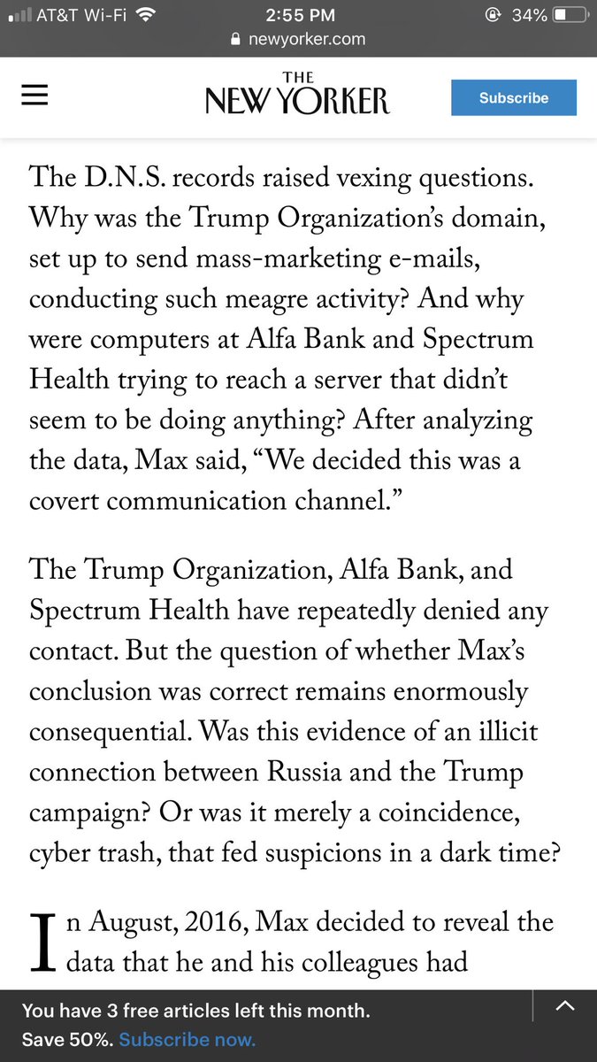 45/ A small group of prominent computer scientists discovered these pings and concluded they likely reflected a covert communication channel.  https://www.newyorker.com/magazine/2018/10/15/was-there-a-connection-between-a-russian-bank-and-the-trump-campaign
