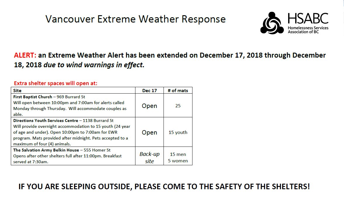 CityofVancouver's tweet photo. Please share - due to an #ExtremeWeatherAlert additional shelter space is open tonight at:   
- 969 Burrard St
- 1138 Burrard St 
- 555 Homer St  (back-up)  
Call 2-1-1 for info and availability. You can find a shelter map here:  https://t.co/buD5L4VT2r https://t.co/o8Ipyytg6L