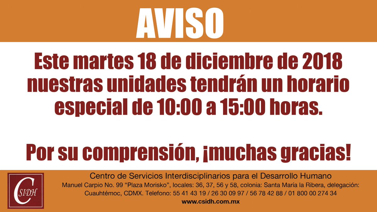 3siemprecontigo's tweet photo. En #CSIDH mañana martes 18 de diciembre tendremos un horario especial en todas nuestras unidades de 10:00 a 15:00 horas. Por tu comprensión, ¡muchas gracias! https://t.co/QHwmMPsyh4