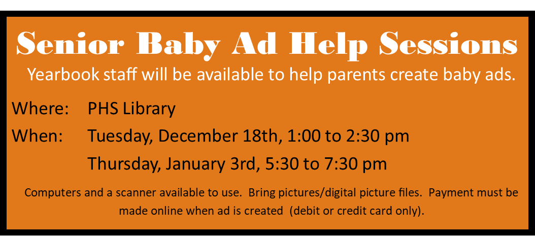 phsyearbook__'s tweet photo. Reminder - Our first senior baby ad help session will be tomorrow from 1:00 to 2:30 in the PHS library. @PowhatanHS @powhatan2019 https://t.co/0iksscDhoL