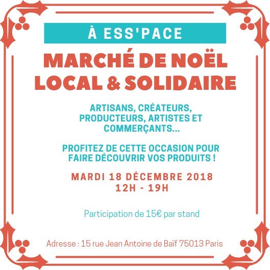 Ess_pace's tweet photo. Rappel aux #fellows du tiers-lieu đ Demain on ouvre le marchĂ© de noĂ«l local et solidaire d'#ESSpace dĂšs 12h00 ! DĂ©couvrez les produits d'une dizaine d'associations exposantes issues du 13Ăšme, de notre espace de #coworking et de l'#ESS francilien ! Cc @mairiedu13 @iledefrance https://t.co/XSKrsr3dd9