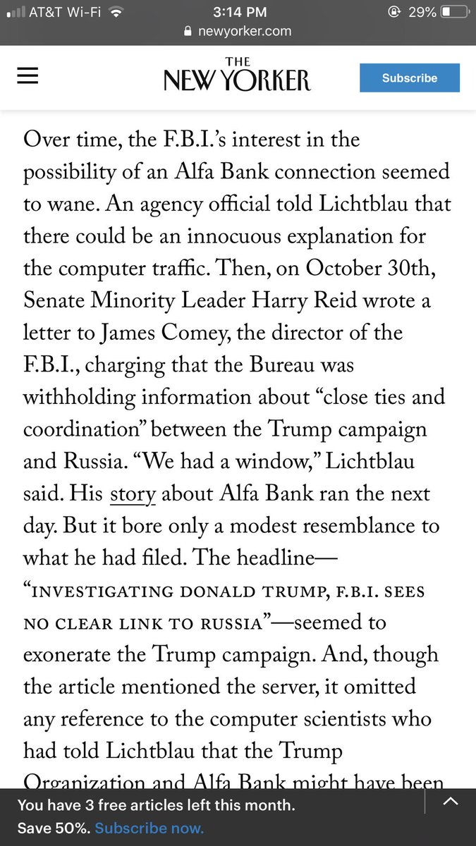 47/ In 10/ 2016, an FBI official told Lichtblau there could be an innocuous explanation for the computer traffic. But on 10/3016, Harry Reid wrote a letter to Comey, charging that the FBI was withholding info about ‘close ties & coordination’ between the Trump campaign & Russia.”