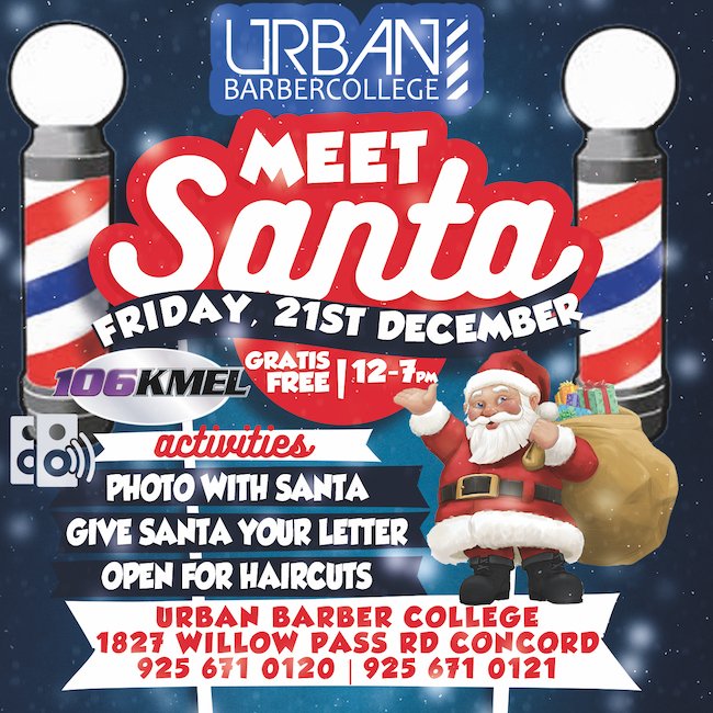 UrbanBarberUBC's tweet photo. @kron4news Stop By! Urban Barber College &amp; 106.1 KMEL invite your family Friday Dec 21st to Meet Santa and receive a free hard copy photo. KMEL will be spinning tunes.  #santa #concord https://t.co/06cZXyIE9U