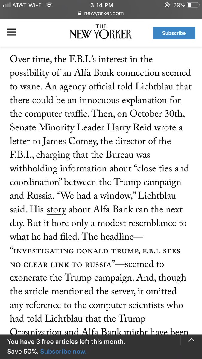 48/ The NYT could have bolstered Reid’s claim by publishing what the computer scientists had told Lichtblau about the Trump Organization & Alfa Bank potentially communicating.