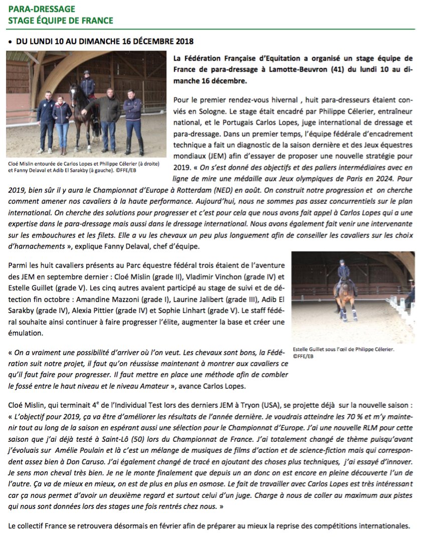 #News Résumé du Stage Fédéral de #paradressage dans la Lettre Fédérale de la <a href="/FFEquitation/">Fédération Française d'Équitation</a> -->