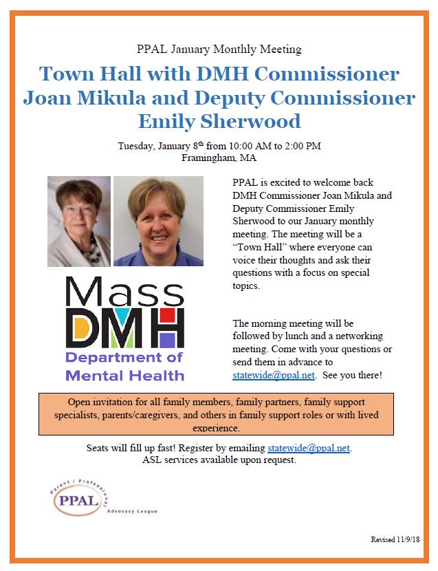 ppalboston's tweet image. Are you coming? Registration is open for our January Monthly Meeting with @DMHCommissioner Joan Mikula and @MassDMH Deputy Commissioner Emily Sherwood. RSVP now- it&apos;s free for all family members and those with lived experience. Hope to see you there!

events.r20.constantcontact.com/register/event…