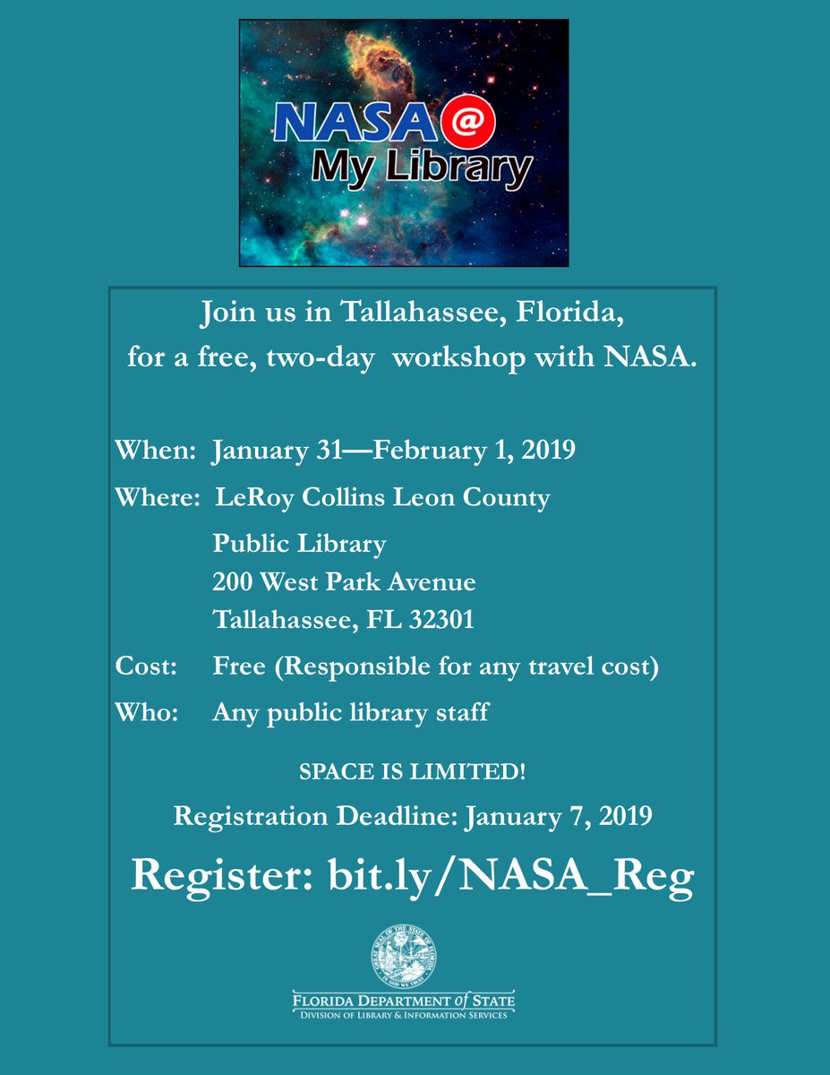 FLLibDev's tweet photo. Ready to unlock the secrets of the universe? We can't help with that, but we can invite you to join us for a free, 2 day NASA @ My Library workshop! Check out our flyer and website for more info! https://t.co/FhMsktpH9w #librarylife #fllibraries https://t.co/AK4mfGD4sh