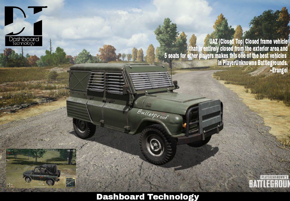 Dashboardtechn1's tweet photo. UAZ (Closed Top) Closed frame vehicle that is entirely closed from the exterior area and 5 seats for other players makes this one of the best vehicles in PlayerUnknowns Battlegrounds.
MAP: Erangel
#pubg #fortnite #pubgmobile #memes #dashboardtechnology #dashtech #allaboutauto https://t.co/Pslervtki9