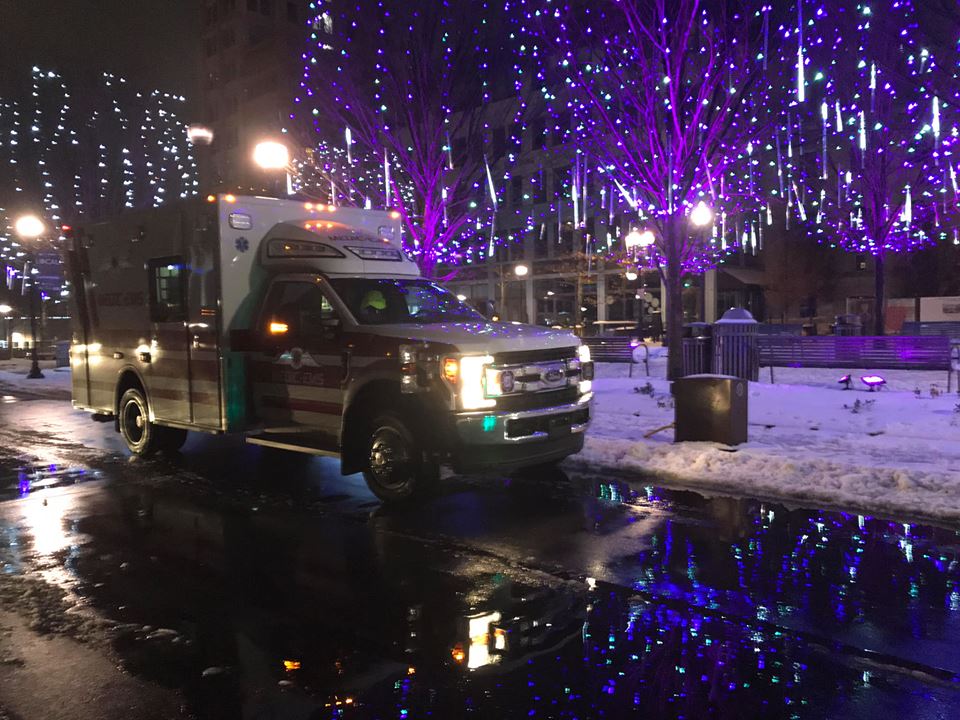 1FPGroup's tweet photo. "Tis the season! Another one of our units celebrating the holidays! Take a look at Medic of Asheville's @DemersAmbulance MXP150 on a Ford F-450 4x4 driving through town #NCEMS #FirstPriority #AlwaysFirstBuiltToLast #Demers #Ambulance #EMT #Paramedics #TeamDemers #Type1Ambulance https://t.co/m5aSb2397L