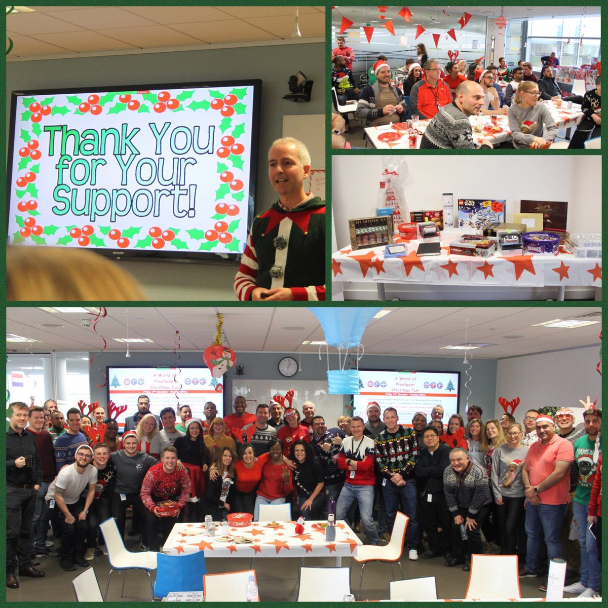 LifeAtPFPT's tweet photo. 12 Days of Giving - Day 8! It was a "World of @Proofpoint Christmas Fun" last Friday in our Reading office! We celebrated the holidays with fun, food and a raffle which raised over £1,000 for the @WeSeeHope foundation. Not to mention all the gifts donated to @RBNHSFT patients! 🎄 https://t.co/bCy2o1tcJw