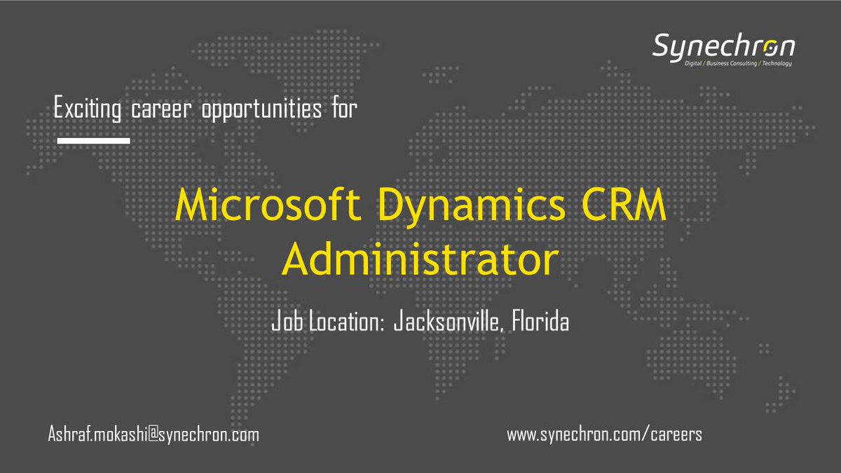 AshrafMokashi's tweet photo. Synechron is hiring Microsoft Dynamics CRM Administrator in Jacksonville, FL 

Please send your resumes to ashraf.mokashi@synechron.com
#administration #microsoftdynamicscrm  Easy Apply : https://t.co/jq9TCuWYpW https://t.co/bCDPyO88Ft