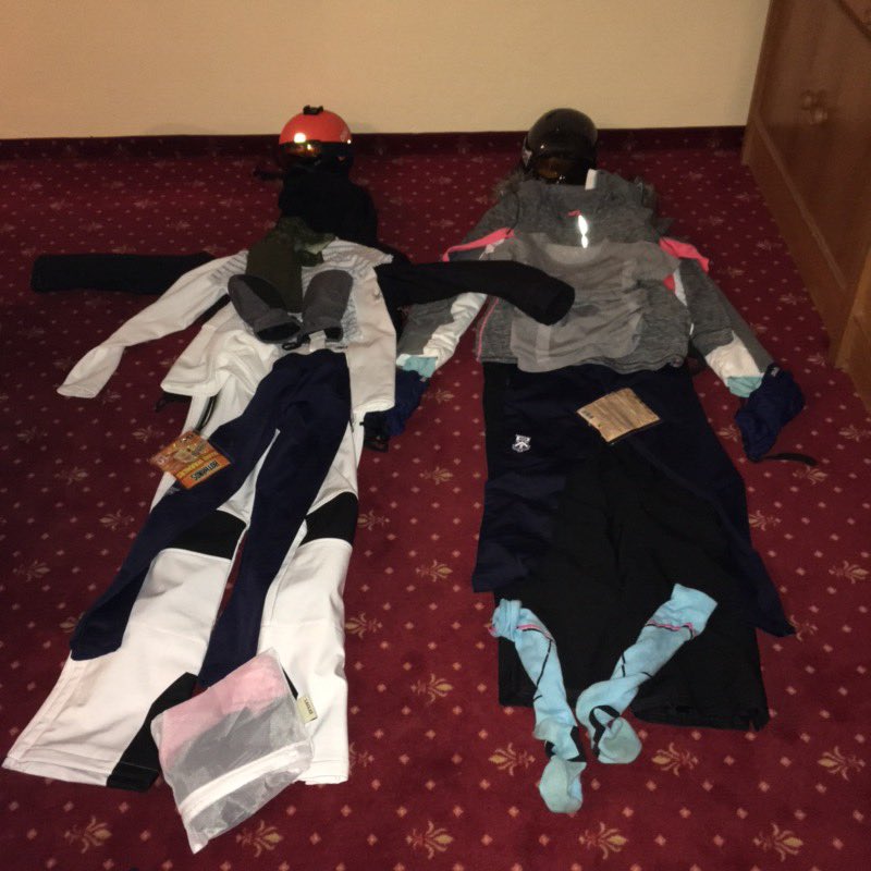 DeanCloseSchool's tweet photo. First two days of skiing have been awesome! Outfits laid out for day 1. Beginners group and top group pictured with some jumping practice... some more successful than others ❄️ #skiing #stmichael #holidays ⛷ https://t.co/X1bRuANwfk