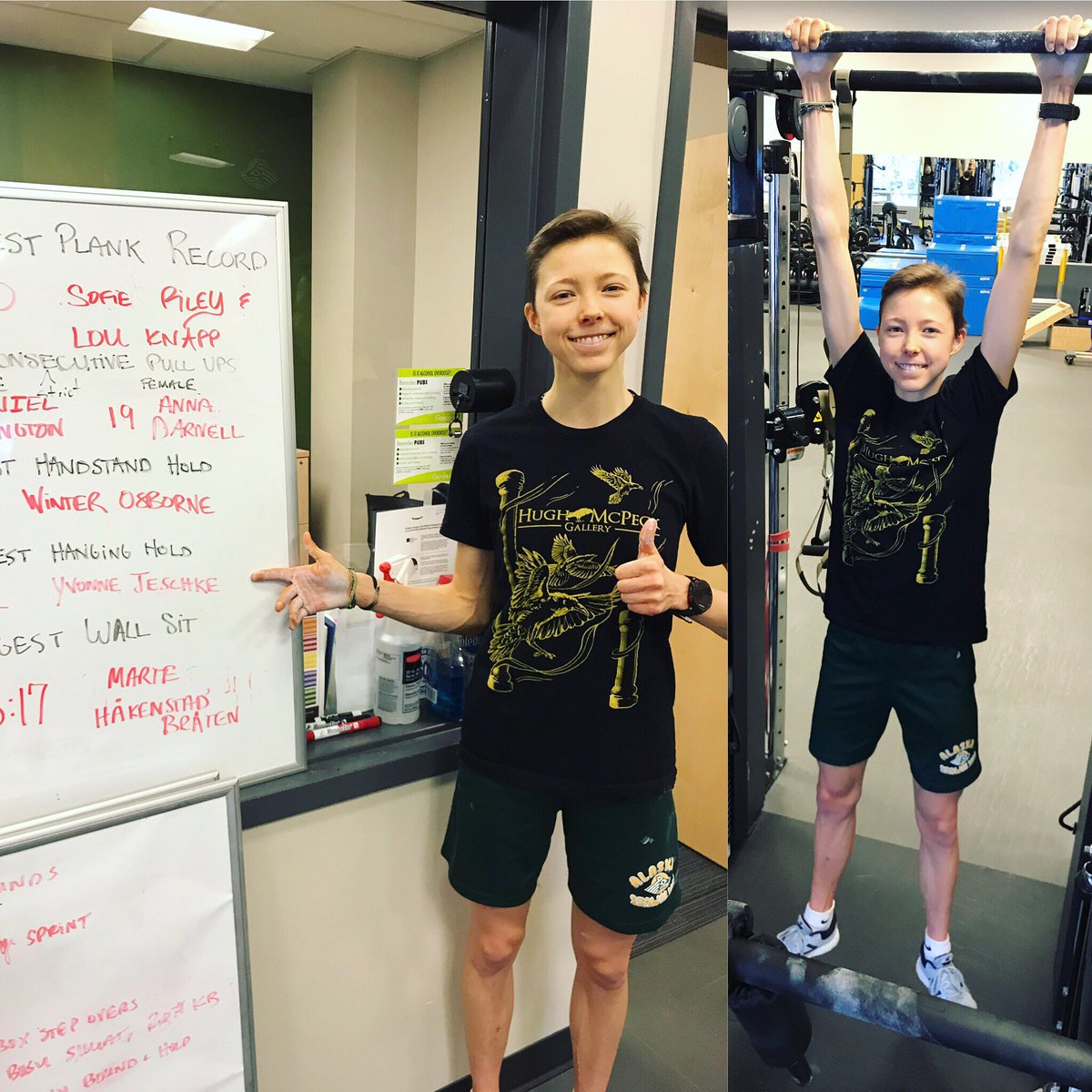 UAASnC's tweet photo. Just hanging out on break! Sorry @tere_alonso_ , but your roommate just handled your hanging hold record - 3:32 👏🏼 
#uaa #seawolves #strengthandconditioning #recordwall https://t.co/2HY9ZbL4dZ