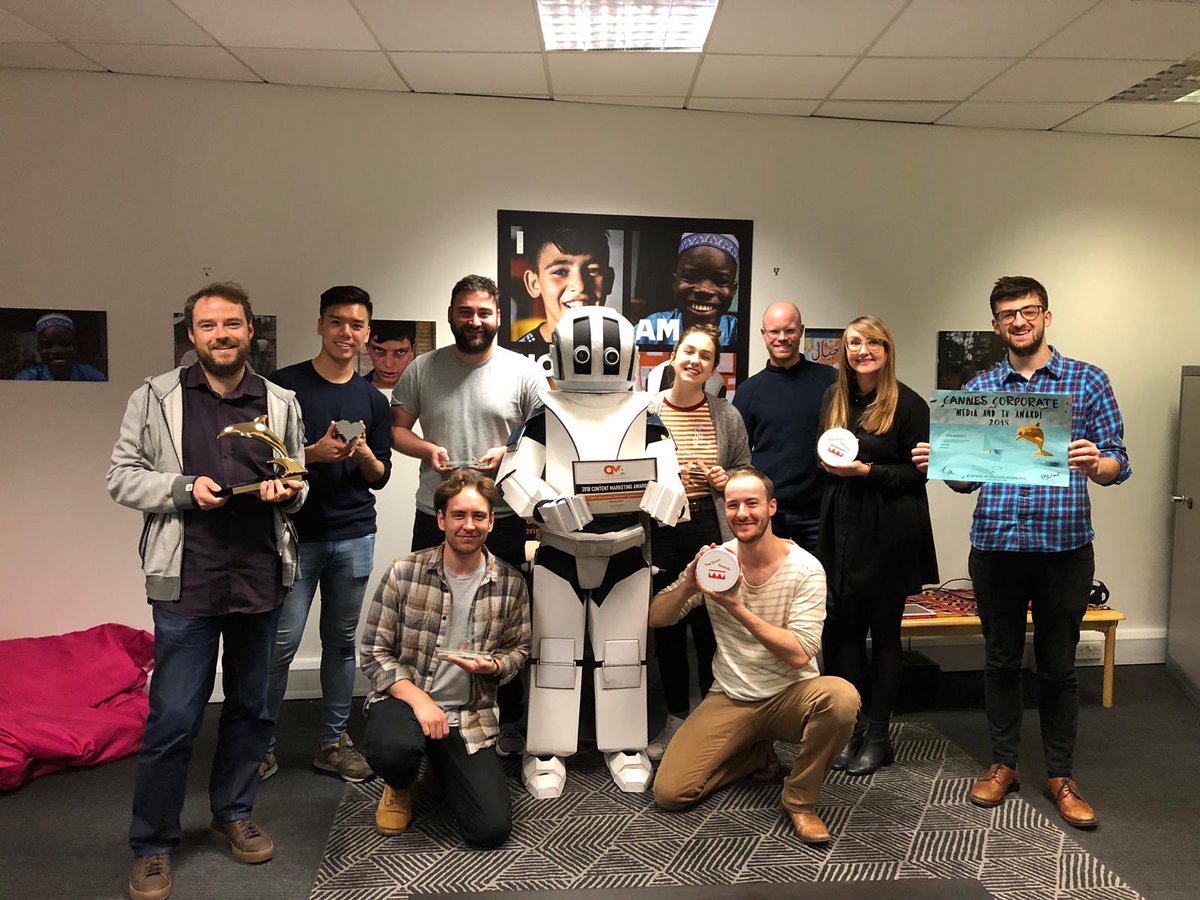 DaveOCarroll's tweet photo. The @WarChildUK digital team hanging out with @rawlondonuk team, Roberta the #EscapeRobot and our award collection 🤖 https://t.co/clrdU57TfE
