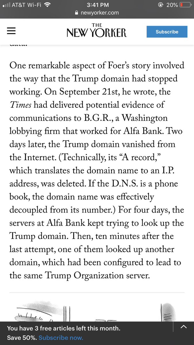 53/ The Slate story also included this bombshell: “On September 21st, [Slate] wrote, the Times had delivered potential evidence of communications to B.G.R., a Washington lobbying firm that worked for Alfa Bank. Two days later, the Trump domain vanished from the Internet.”