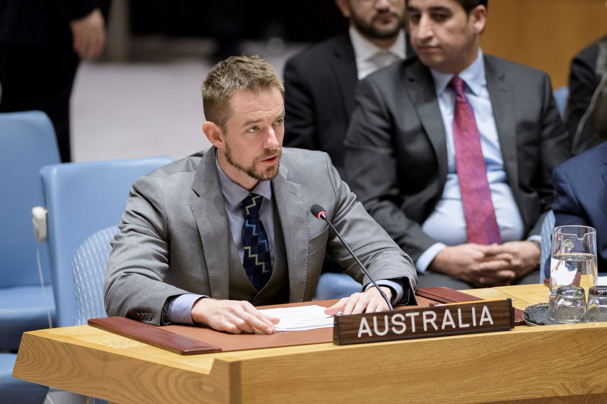 AustraliaUN's tweet photo. Counsellor David Yardley in #UNSC on #Afghanistan: We welcome Pres Ghani’s determination to lead on peace through #KabulProcess & his offer to Taliban of negotiations w/o preconditions, and we share the strong desire for a new chapter dedicated to peace: https://t.co/CjsDLgFP4U https://t.co/nYURE91ZZH