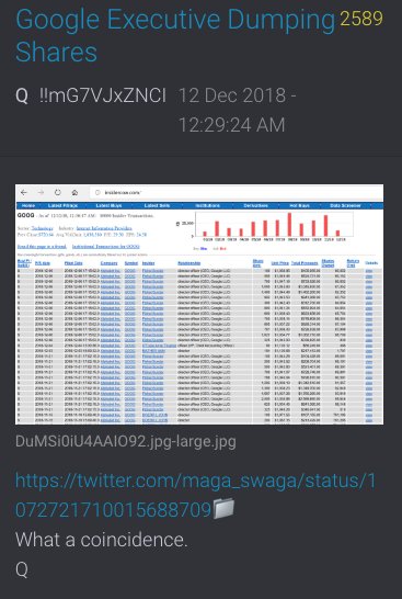 Q1546What a wonderful day.ES in the front row.GOOG access KILLS.[J C]Happy Hunting D!D=4?SEC Form 4 (Insider Trades) https://www.nasdaq.com/symbol/goog/insider-tradesQ2589What a coincidence.Q #HappyHunting @POTUS  #QArmy  #QAnon  #PatriotsUnited