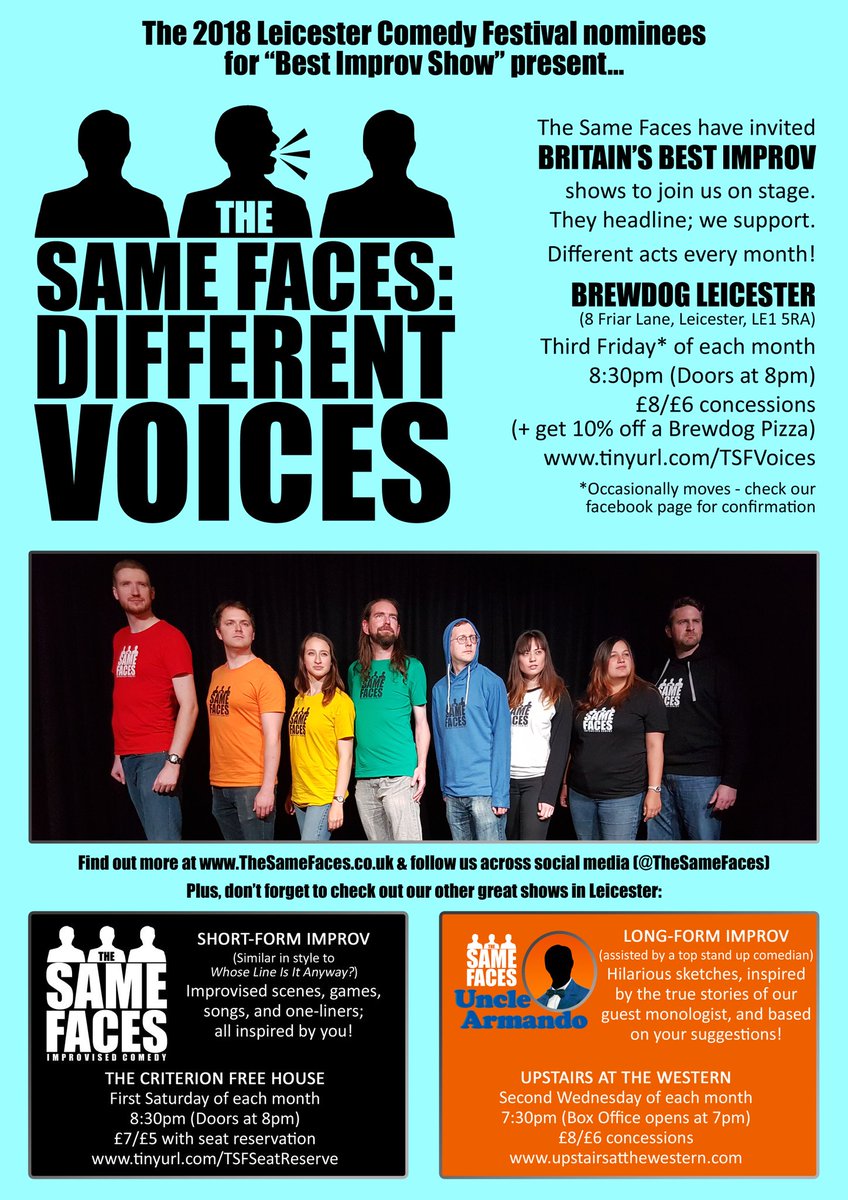 TheSameFaces's tweet photo. THIS SATURDAY IN #LEICESTER!
Our last show of the year, as #DifferentVoices IV is headlined by... err... Us!

The senior Faces will headline, with support from the junior Faces.

Doors at 8pm (8:30pm start); £8/£6 concs. Tickets from https://t.co/Pp0kckgAyu
#Comedy #Improv #Funny https://t.co/KFLmElswCL