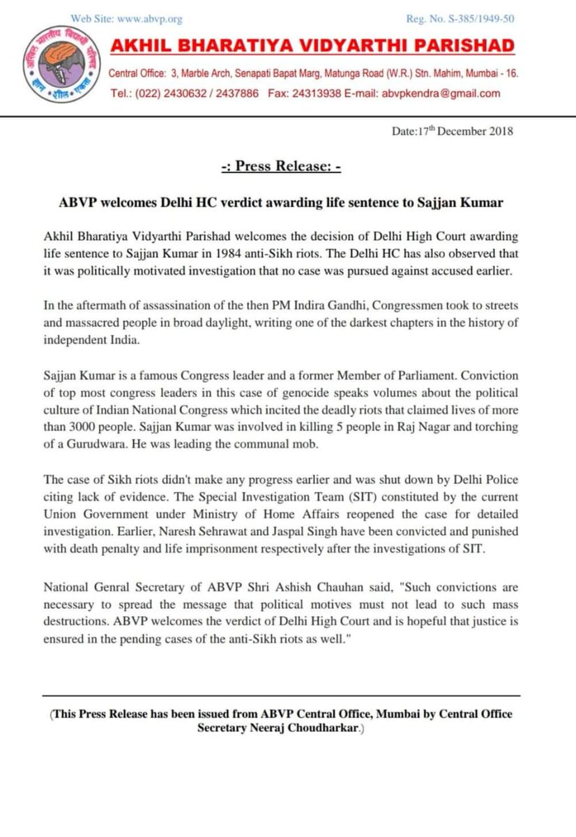 KeralaABVP's tweet photo. Shri @AshishSainram said, "Such convictions are necessary to spread the message that political motives must not lead to mass destructions. ABVP welcomes the verdict of Delhi High Court and is hopeful that justice is ensured in the pending cases of the anti-Sikh riots as well." https://t.co/Tt04PReld8