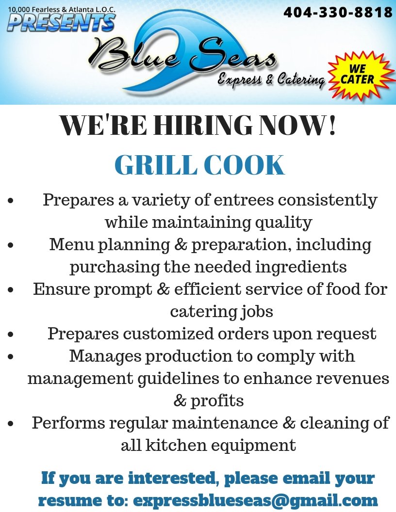 <a href="/BlueSeasExpress/">Blue Seas Express</a> IS NOW HIRING!!! If you've got the culinary chops, don't be shy! Submit your resume TODAY!!! We are looking for you! #BLUESEASEXPRESS #ATL #Jobs