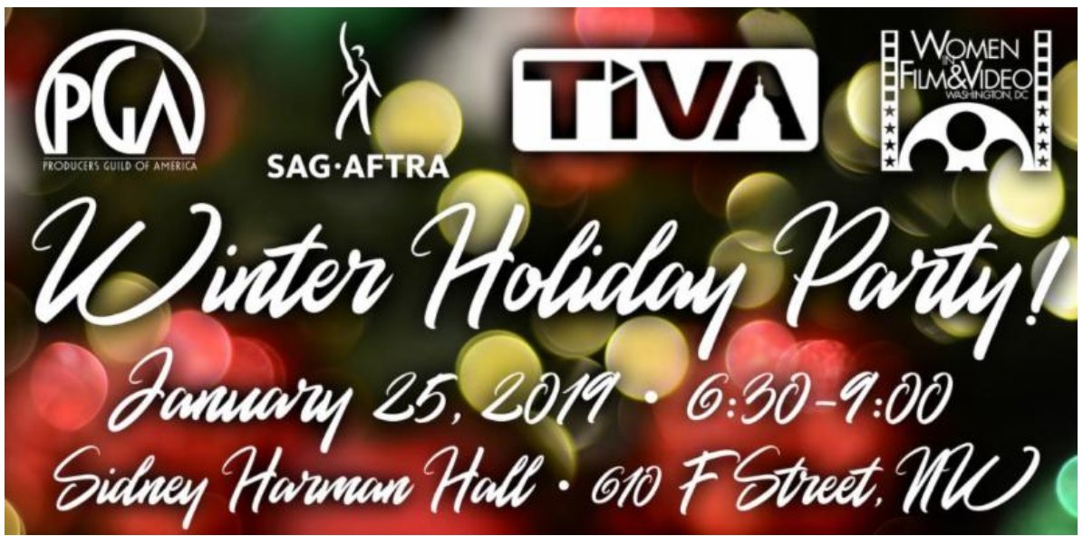 PGA, WIFV, SAG-AFTRA, TIVA Holiday Party - January 25
RSVP here = wifv.org/events/#id=108…
<a href="/PGACapital/">PGACapital</a> <a href="/WIFVDC/">WIFVDC</a> <a href="/sagaftra/">SAG-AFTRA</a> <a href="/tivadc/">TIVA DC</a>