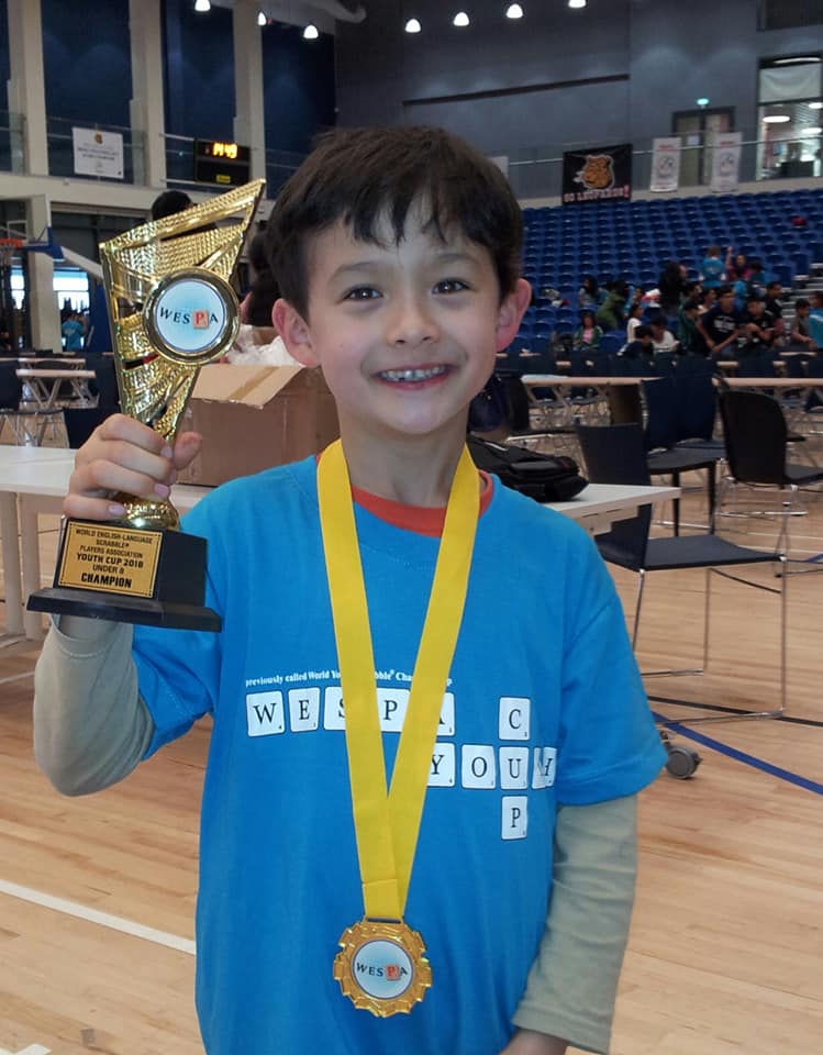 Joshua Moisey, the new under-8 world Scrabble champion, also as well as 2nd prize in the under-10 championships here in Dubai!