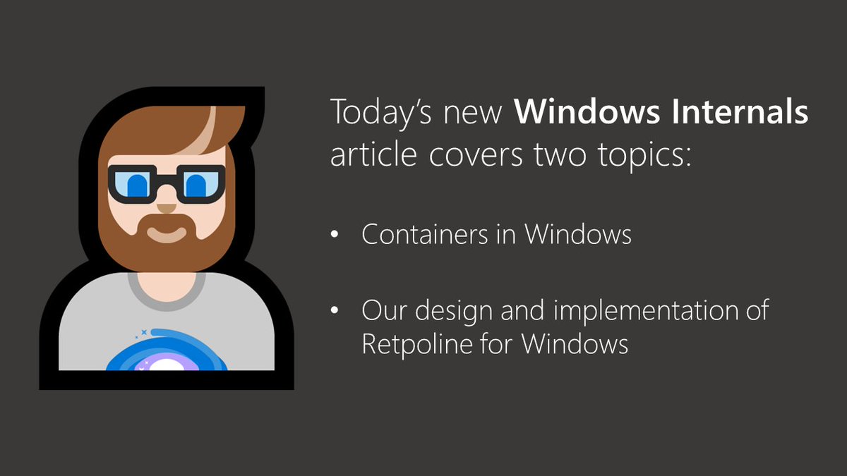 brandonleblanc's tweet image. Heads up! I managed to take a pause in vacation mode to publish a new #Winternals article! This one covers containers in Windows as well as another blog post from the Kernel Team! Check it out: insider.windows.com/en-us/articles…