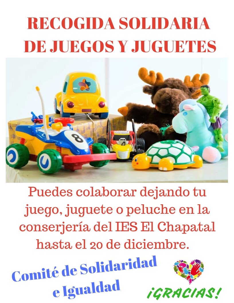 Chapatal_RCES's tweet photo. ¿Te apuntas a colaborar con nuestra recogida de juguetes y juegos solidarios? No importa que estén usados. Si tienes en casa algún juguete, juego de mesa, peluche, que ya no vayas a necesitar y puedes acercarlo al Chapatal, alguien esta Navidad se sentirá muy feliz gracias a ti. https://t.co/DxlyDMiK3V