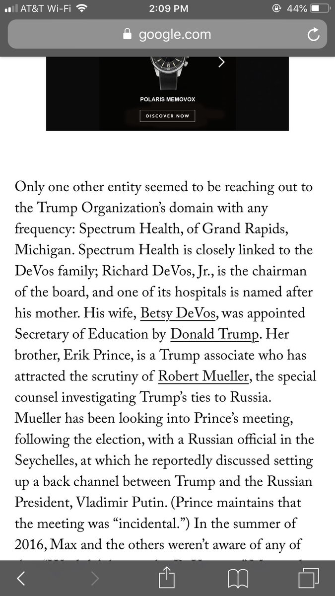 42/ Other than Alfa Bank’s attempts to communicate w/ Trump Tower’s domain thru the server in Lititz, PA (8.5 miles from DeVis-funded Bethany), the only entity attempting to communicate w/ Trump Tower’s domain w/ frequency was Spectrum Health, a MI company w/ close ties to DeVos.