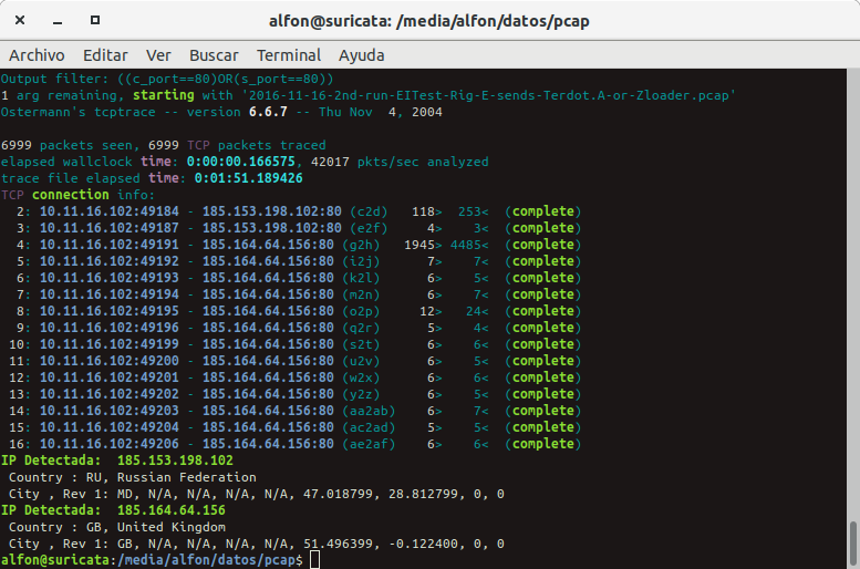 seguridadyredes's tweet photo. #ccze & #tcptrace
tcptrace -ncbf'port==80' der.pcap >tra ;cat tra | ccze -m ansi ;cat tra |sed '1,8d' |awk '{print $3}' FS=: |cut -d"-" -f2 |sort |uniq |xargs -I% -t geoiplookup % 2>&1 |sed 's/geoiplookup/IP Detectada: /;s/GeoIP//; s/Edition//; s/\IP Detectada.*\b/\x1B[1;32m&.... https://t.co/CQdktoDl08