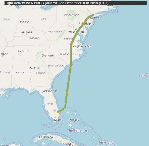 Koch brothers' N265K 12/16/18 Palm Beach-Teterboro 12/17/18 Teterboro-WichitaStephen Schwarzman's (CEO of The Blackstone Group) N113CS 12/16/18 Palm Beach-Teterboro 12/17/18 Teterboro-WaterburyN265K flew to PB on 12/14, N113CS on 12/15 and Jeffrey Epstein's N212JE on 12/14