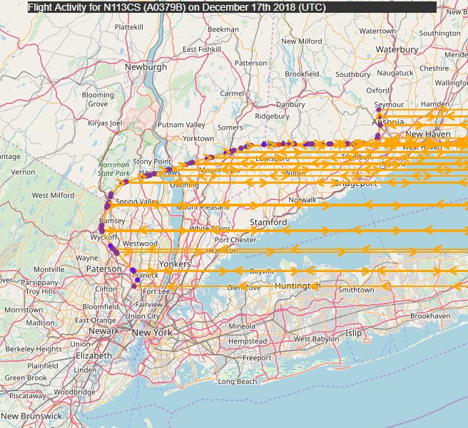 Koch brothers' N265K 12/16/18 Palm Beach-Teterboro 12/17/18 Teterboro-WichitaStephen Schwarzman's (CEO of The Blackstone Group) N113CS 12/16/18 Palm Beach-Teterboro 12/17/18 Teterboro-WaterburyN265K flew to PB on 12/14, N113CS on 12/15 and Jeffrey Epstein's N212JE on 12/14