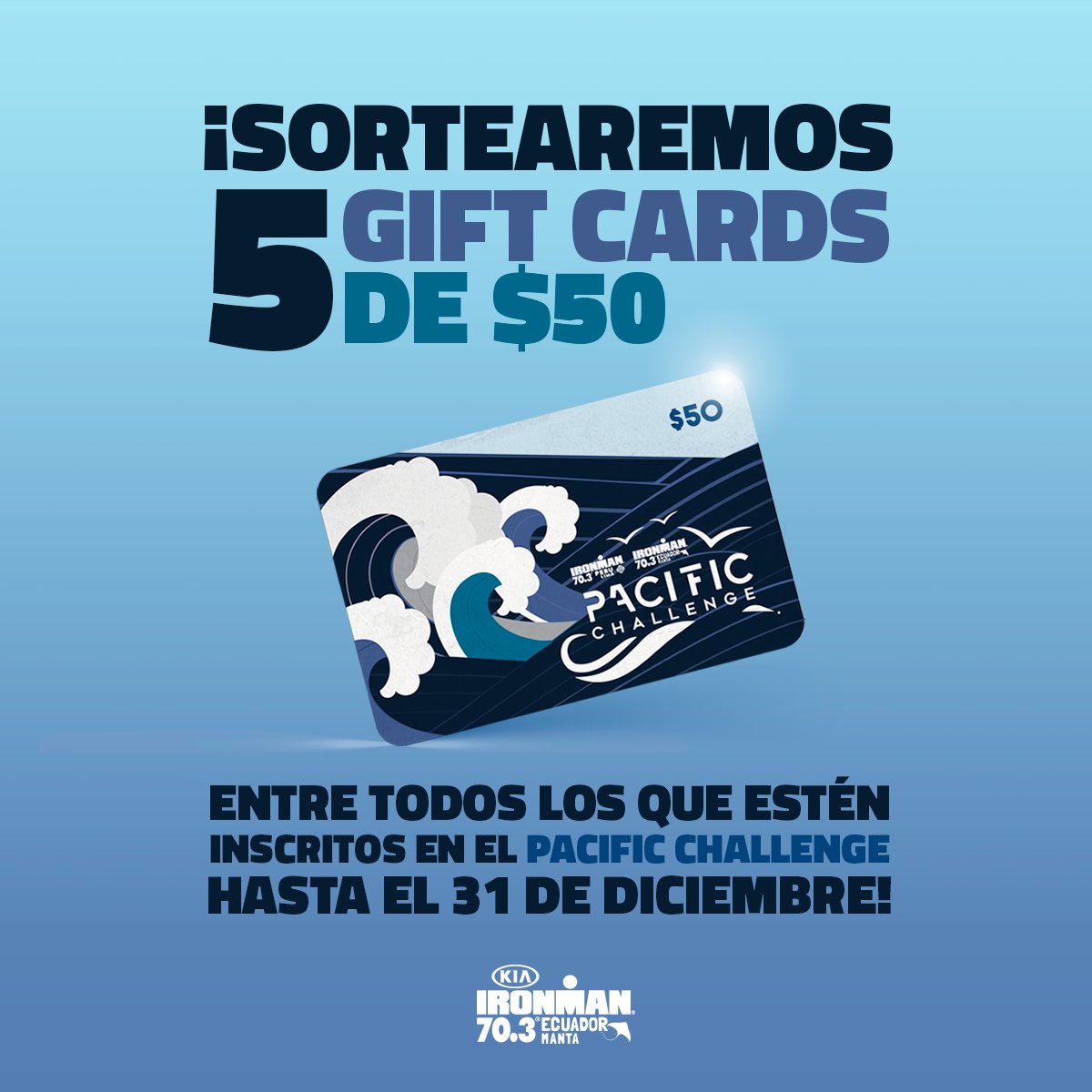 ¡Inscríbete hasta el 31 de diciembre en el #PacificChallenge y participa en el sorteo de 5 gift cards de $50! Estos gift cards podrán ser utilizados en merchandising el día del evento en Perú o Ecuador. El sorteo será el 6 de enero.